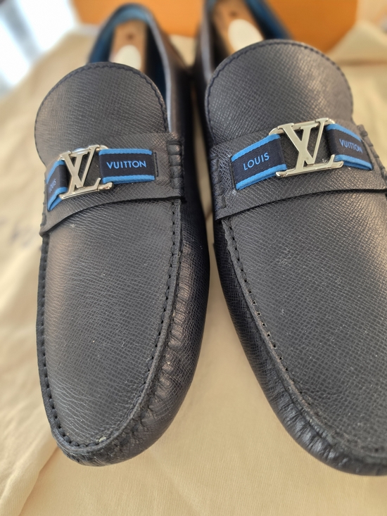 Louis Vuitton Black Leather Loafers with Blue Logo Strap